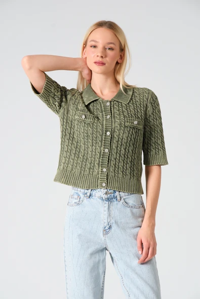 Polo Yaka Taş Düğmeli Soluk Efektli Triko Hırka - 7