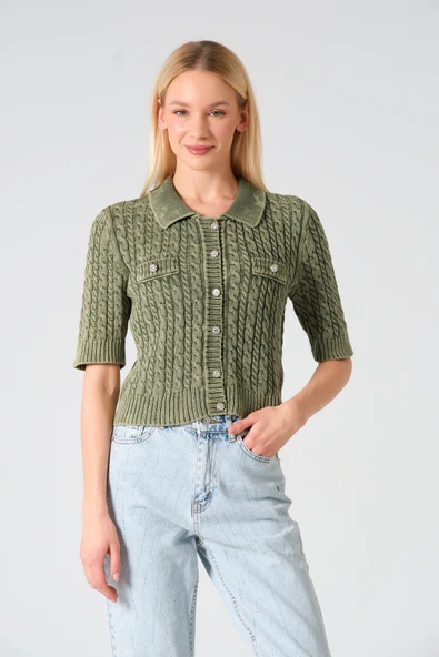 Polo Yaka Taş Düğmeli Soluk Efektli Triko Hırka - 5