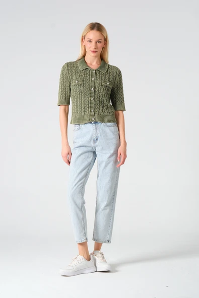 Polo Yaka Taş Düğmeli Soluk Efektli Triko Hırka - 4