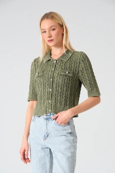 Polo Yaka Taş Düğmeli Soluk Efektli Triko Hırka - 9