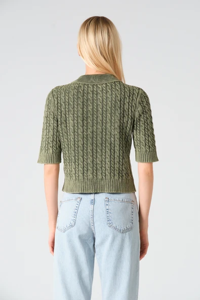 Polo Yaka Taş Düğmeli Soluk Efektli Triko Hırka - 10