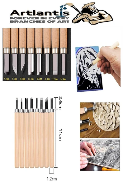 Linol Oyma Seti 6 Parça 1 Paket Kretuar Bıçağı Linol Oyma Kesme Bıçak Seti 6 Bıçaklı Linolyum Baskı Ahşap Saplı - 4
