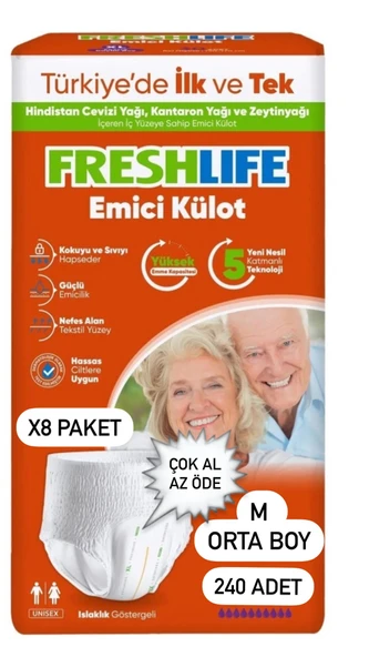 Freshlife Emici Külot Orta Boy M 30'lu 8 Adet Hasta Bezi ürün görseli
