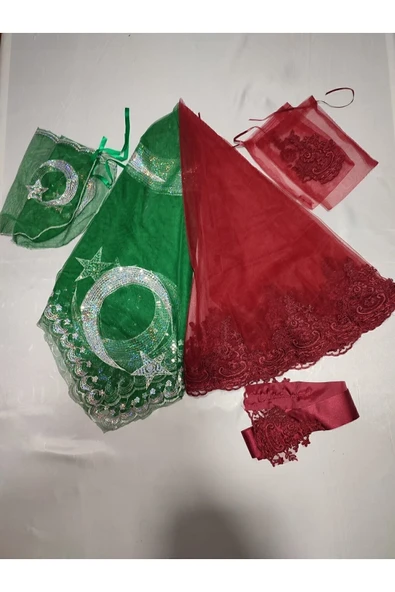 çeyizhome Bordo Dantelli Gelin Ve Ayyıldız Damat Kına Örtüsü Eldiveni Ve Kemeri Ile Kına Özel Duvak Seti