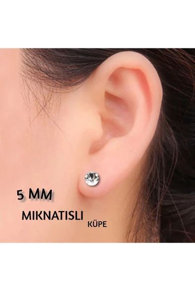 Sermet Süs Dünyası 5 mm Mıknatıslı Küpe Ince Beyaz Zirkon Taşlı 1 Çift Burun Kulak Dudak Hızma Manyetik Çelik