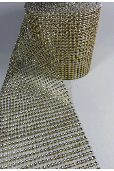 Aker Hediyelik 24 Sıra Taş Gold 1m 24lü Sıralı Gofret Kristal Taş Görünümlü Gofret Plastik Şerit Altın Rengi - 4