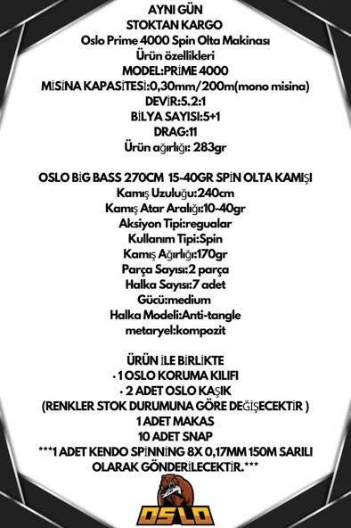 Oslo Prime 4000 Oslo Big Bass 270cm 15-40gr 8 Örgü Spin Olta Seti - Resim 2