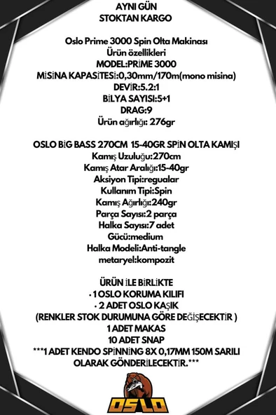 Oslo Prime 3000 Oslo Big Bass 270cm 15-40gr 8 Örgü Spin Olta Seti - Resim 2