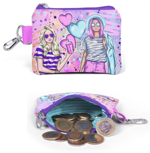 Coral High Pembe Fashion Baskılı Kız Çocuk Seyahat Valiz Bel Çantası ve Bozuk Para Cüzdan Seti 16773 - 4