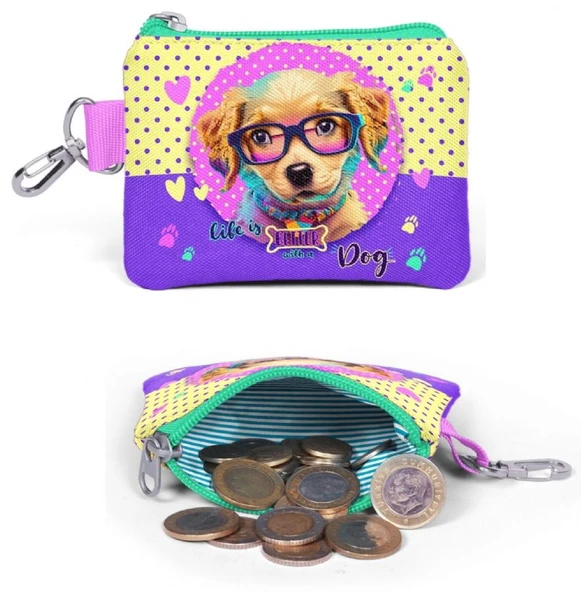 Coral High Kız Çocuk Sarı Pembe Köpek Desenli Valiz Bel Çantası ve Bozuk Para Çantası Seti - 4
