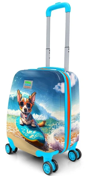 Coral High Mavi Sörf Yapan Köpek Baskılı Kız ve Erkek Çocuk Valizi