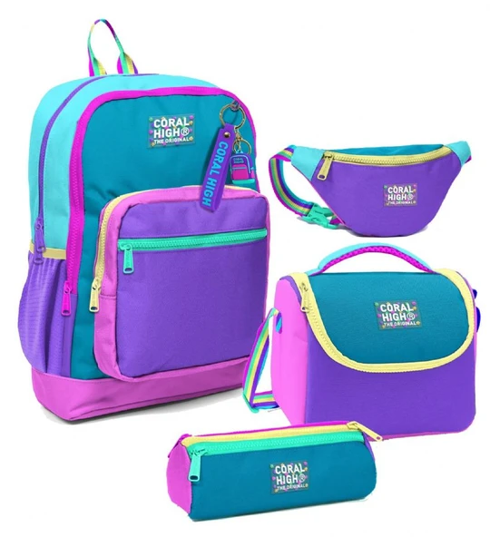 Coral High Kız Çocuk Pembe Pastel Renkli Desenli İlkokul Okul Çanta Seti ve Bel Çantası