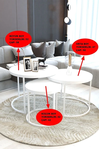 FAYMEND Lüks 3'lü Orta Sehpa Modern Beyaz - Resim 3