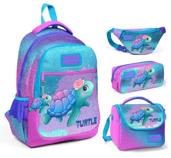 Coral High Pembe Mavi Kaplumbağa Üçlü Okul Çantası ve Bel Çantası Seti - Kız Çocuk ürün görseli