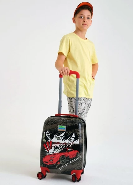 Coral High Siyah Kırmızı Araba Desenli Erkek Çocuk Valizi ve Bel Çantası Seyahat Seti 16738 - Resim 2