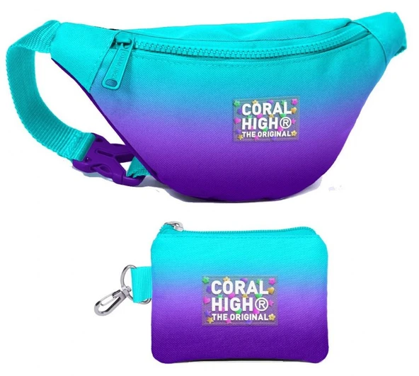 Coral High Erkek Çocuk Turkuaz Mor Renk Geçişli Desenli Bel Çantası ve Bozuk Para Cüzdanı Set
