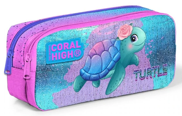 Coral High Pembe Mavi Kaplumbağa Üçlü Okul Çantası ve Bel Çantası Seti - Kız Çocuk - Resim 5