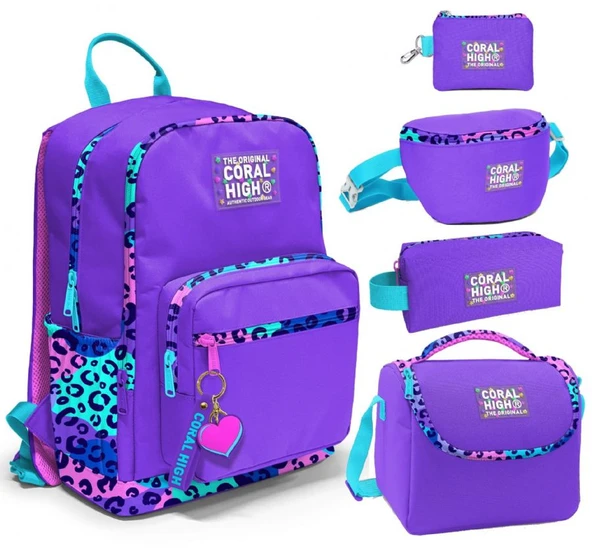 Coral High Beşli İlkokul/Ortaokul Çanta Seti - Mor Leopar - Kız Çocuk
