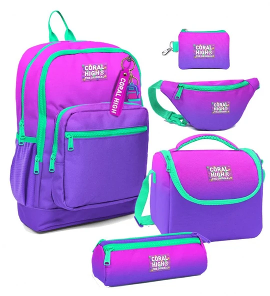 Coral High Kız Çocuk Pembe Mor Renk Geçişli Desenli Beşli İlkokul Okul Çanta Seti ürün görseli