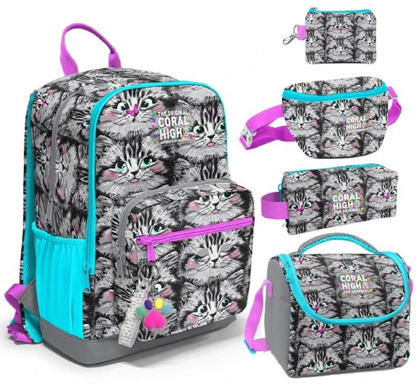 Coral High Beşli İlkokul/Ortaokul Çanta Seti - Gri Kedi - Kız Çocuk ürün görseli