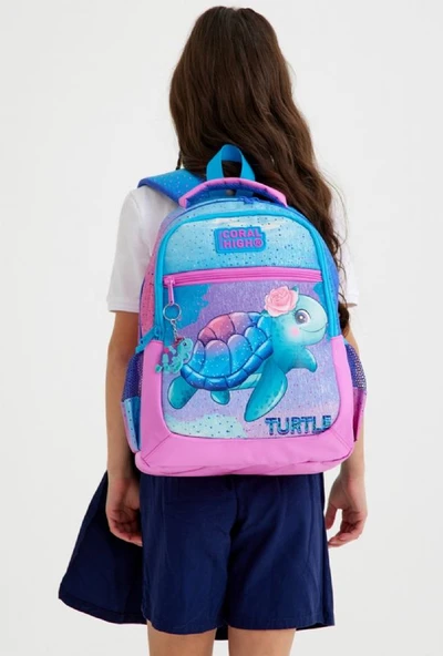 Coral High Pembe Mavi Kaplumbağa Üçlü Okul Çantası ve Bel Çantası Seti - Kız Çocuk - Resim 2