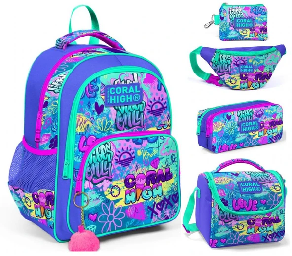 Coral High Lavanta Grafiti Kız Çocuk Beşli Okul ve Günlük Çanta Seti ürün görseli