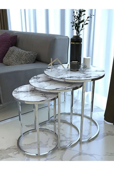 SEDAŞ 3' Lü Beyaz Mermer Temperli Cam Nikel (GÜMÜŞ) Metal Sehpa ürün görseli 1