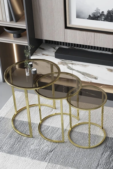 FAYMEND C Zigon Sehpa Parlak Gold Metal - Şeffaf Bronz Cam - Resim 2