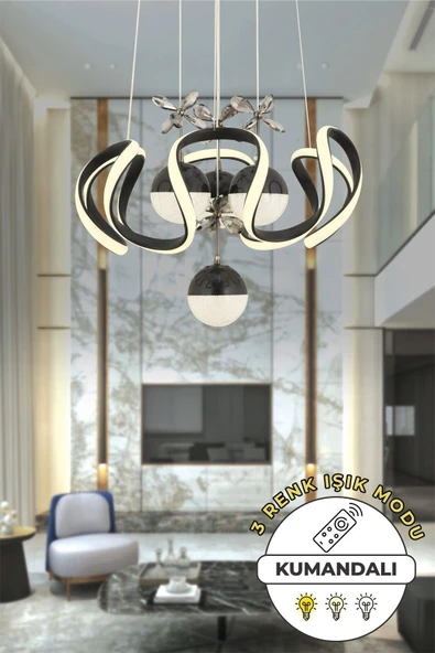 Capella Aydınlatma Oliver Kumandalı 3 Renk Işık Özellikli Modern Siyah Sarkıt Led Avize Salon Avize