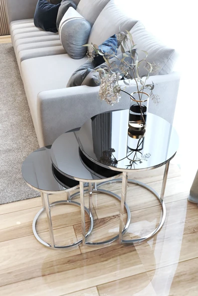 FAYMEND 3lü Lüx C Zigon Sehpa Gümüş Füme Aynalı - Resim 2