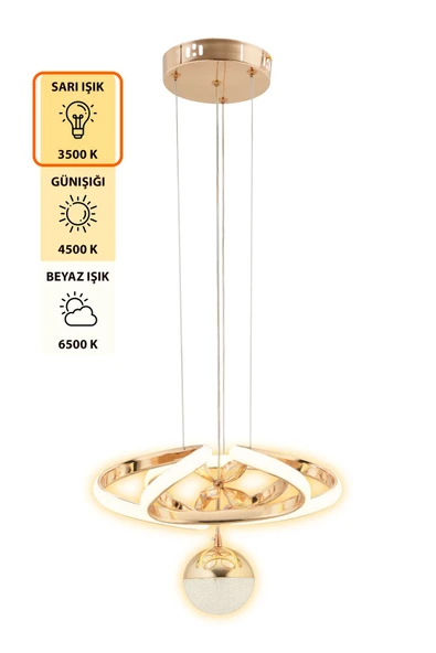 Capella Aydınlatma Alfa Kumandalı 3 Renk Işık Özellikli Dimmerli Gold Kaplama Sarkıt Led Avize Salon Mutfak Avize - 4