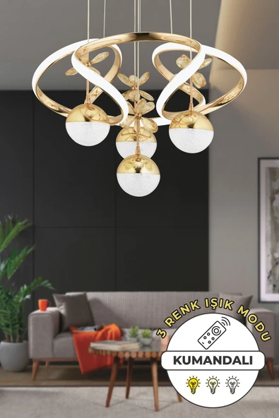 Capella Aydınlatma Octavia Kumandalı 3 Renk Işık Özellikli Modern Gold Kaplama Sarkıt Led Avize Salon Avize