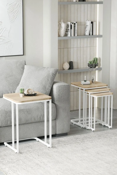 FAYMEND Tekerlekli 4 Lü Zigon Sehpa - Yan sehpa  ( BEYAZ - RİVOLİ ) MDF - Resim 2