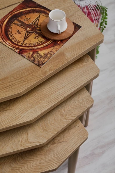 FAYMEND Karaca 4lü Zigon Sehpa - Servis Sehpa - Yan Sehpa - Meşe (RİVOLİ) - Resim 6