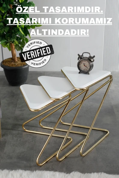 FAYMEND Bumerang 3lü Sehpa 'Gold Beyaz' - Resim 4