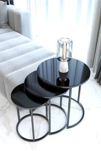 FAYMEND 4'lü Takım/orta Sehpa Ve C Zigon Siyah / Siyah Cam Temperli - Resim 4