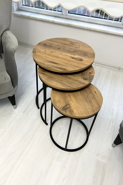 MLN HOME Üçlü Zigon Sehpa Takımı, Zigon Sehpa Seti, Ceviz Rengi Üçlü Sehpa - 1