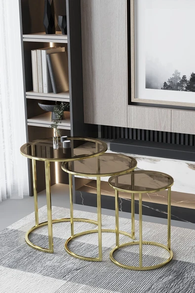 FAYMEND C Zigon Sehpa Parlak Gold Metal - Şeffaf Bronz Cam - Resim 3