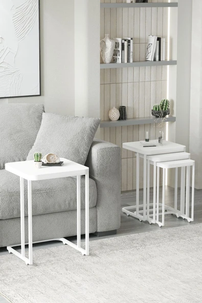 FAYMEND Tekerlekli 4 Lü Zigon Sehpa - Yan Sehpa ( Mat Beyaz ) Mdf - Resim 2