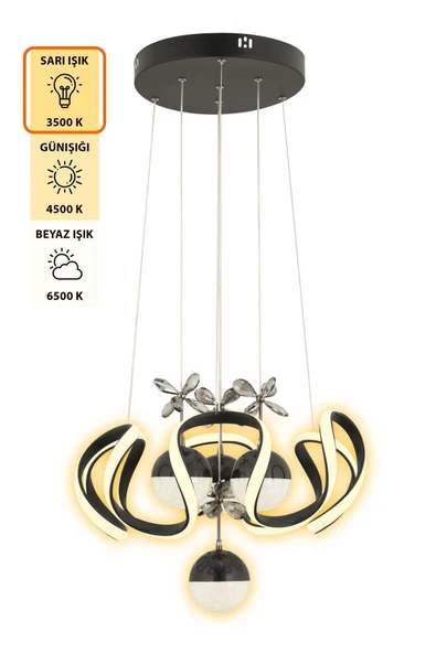 Capella Aydınlatma Oliver Kumandalı 3 Renk Işık Özellikli Modern Siyah Sarkıt Led Avize Salon Avize - 4