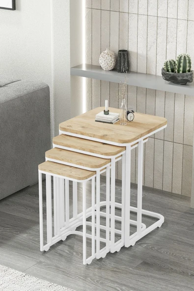 FAYMEND Tekerlekli 4 Lü Zigon Sehpa - Yan sehpa  ( BEYAZ - RİVOLİ ) MDF