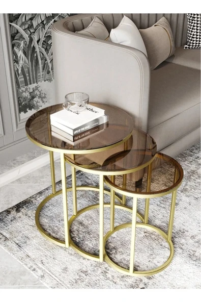FAYMEND C Zigon Sehpa Parlak Gold Metal - Şeffaf Bronz Cam