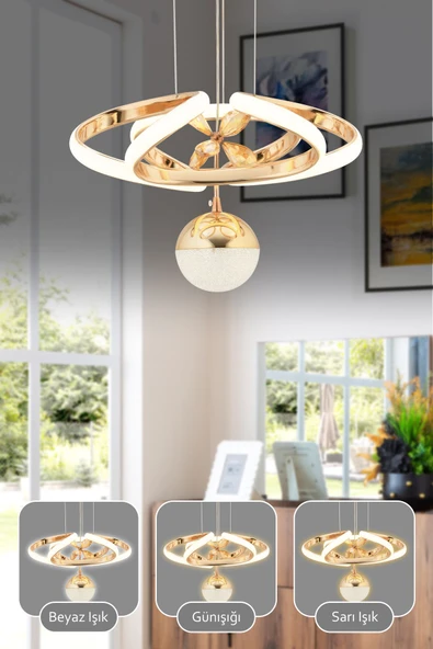 Capella Aydınlatma Alfa Kumandalı 3 Renk Işık Özellikli Dimmerli Gold Kaplama Sarkıt Led Avize Salon Mutfak Avize - 2