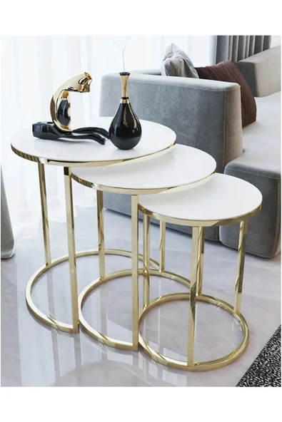 SEDAŞ 3' Lü Beyaz Temperli Cam Gold Ayak Zigon Sehpa - Resim 2