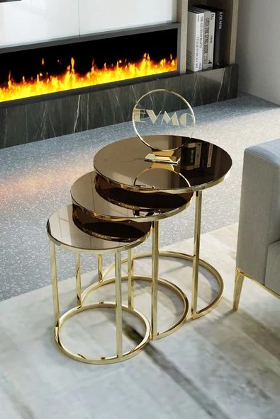 Deepport Liv Aks 3'lü Gold Zigon Sehpa (bronz Aynalı)