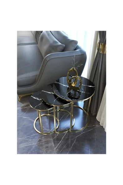 SEDAŞ 3' Lü Siyah Mermer Gold Metal Sehpa