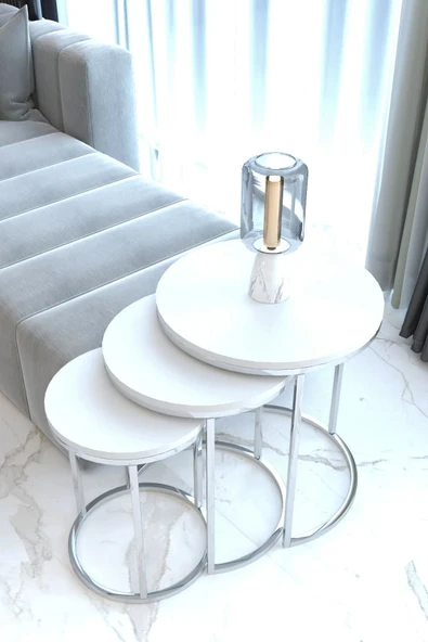 FAYMEND 3lü Lüx C Zigon Sehpa Gümüş Beyaz ürün görseli 1