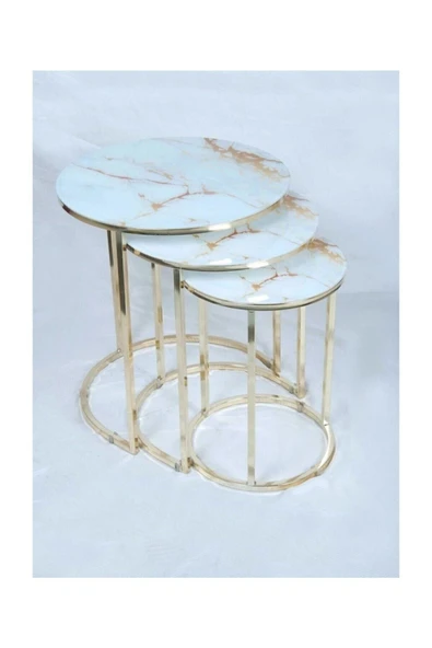 Masal Liv Aksesuar Zigon Sehpa 3'lü Yuvarlak Gold Metal Ayak - Mermer Desenli (KIRILMAZ) Cam Sehpa