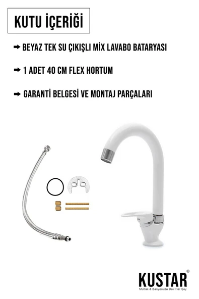 KUSTAR Beyaz Tek Su Çıkışlı Mermerden Mix Lavabo Bataryası Aç Kapa Kollu Garantili - 4