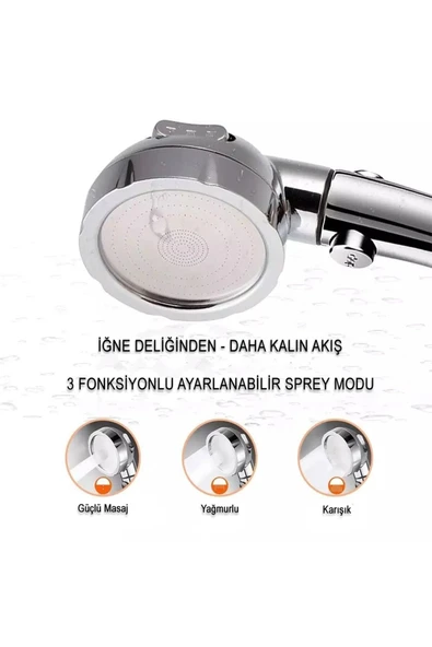KUSTAR Su Tasarruflu 3 Fonksiyonlu Aç/kapa Butonlu Hortum Mafsal Duş Başlığı Set - 3